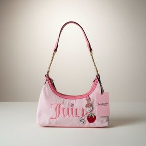 NWT Juicy Couture Pink Embroidered Logo Shoulder Bag with Charm Accents